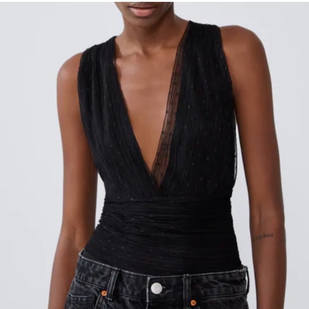 Zara Tulle Cross Back Polka Dot Bodysuit